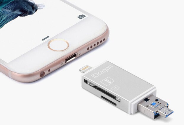 Card Reader iUni Lightning + MicroUSB OTG, Memorie Externa pentru dispozitive iOS si Android, Silver